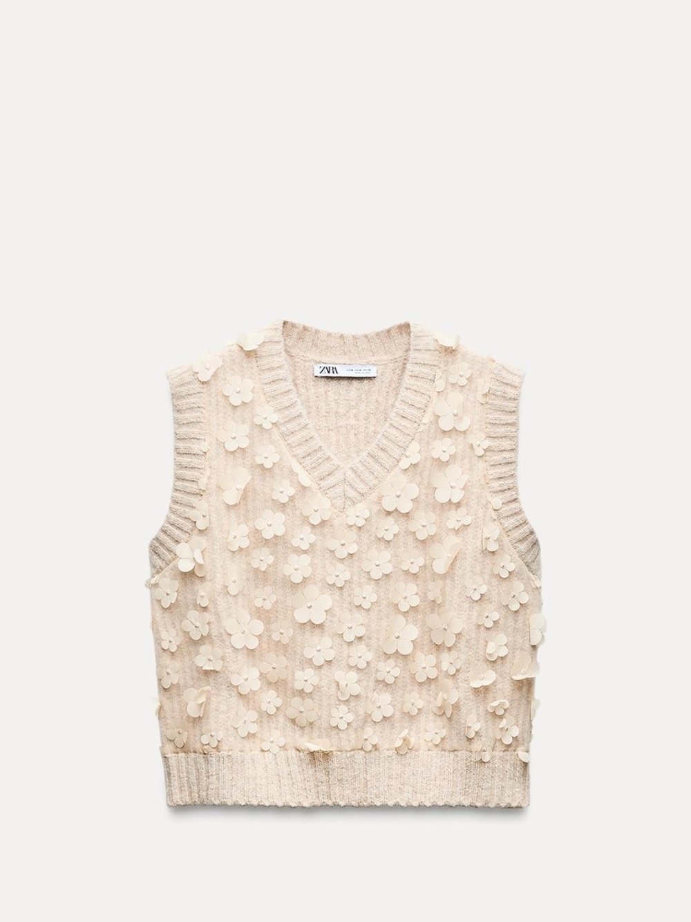 Zara Beige Floral Applique V-Neck Knit Vest